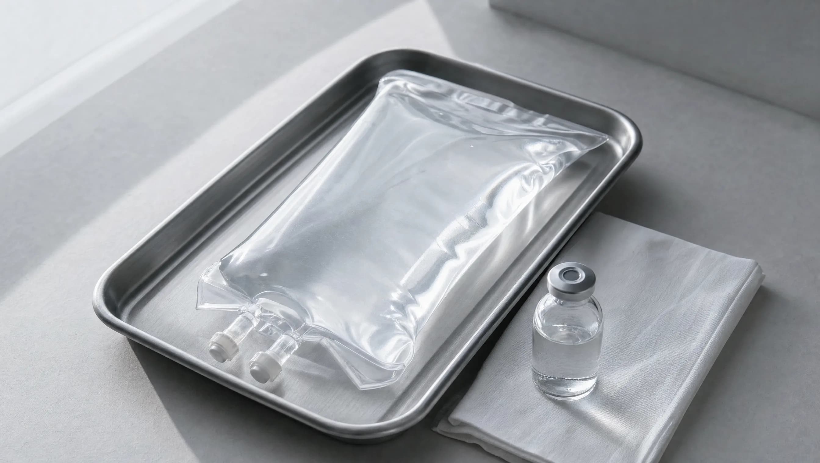 A sealed INFUZE IV drip on a brushed stainless steel tray with a sterile drape and an unlabeled glass vial — individually prepared, ready for the session.
