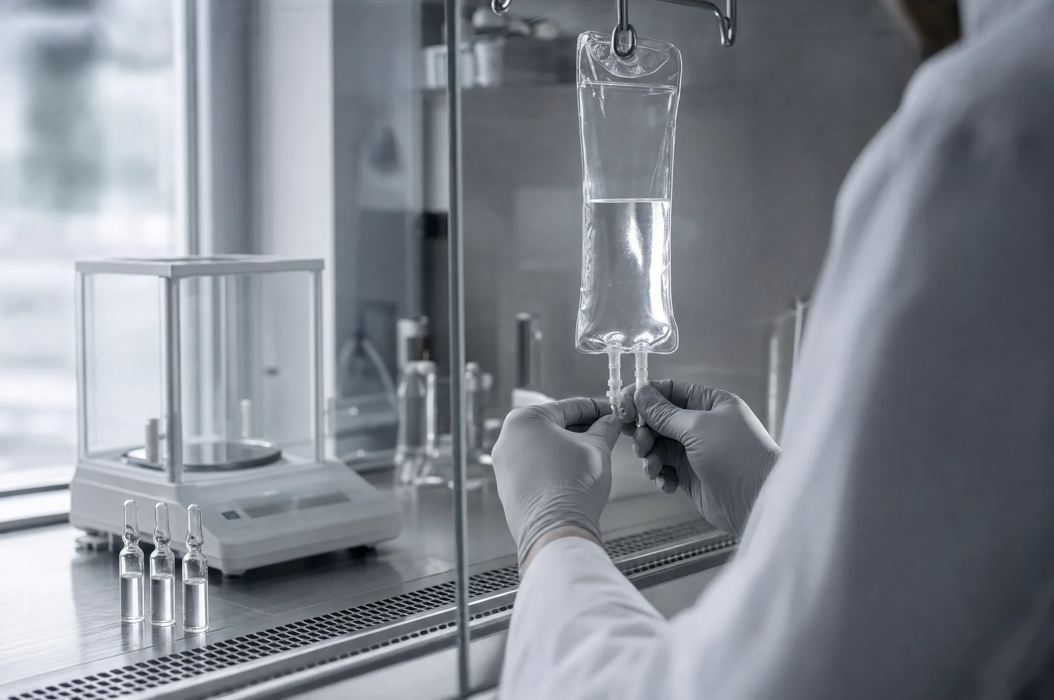 INFUZE laboratory in Warsaw — sealed IV drip on a brushed stainless steel tray with sterile drape and pharmaceutical-grade vials